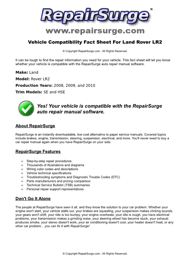 Land Rover LR2 Service Repair Manual Online Download - 2008, 2009, And